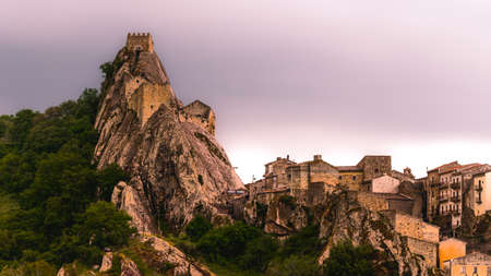the Sperlinga Castle and a bit of the town on a gray smooth skyのeditorial素材