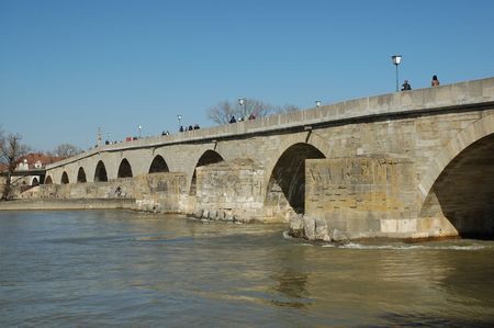 long pedestrian bridge in Regensburg, Germanyの写真素材