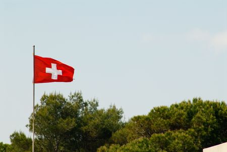 swiss flag red with white crossの写真素材
