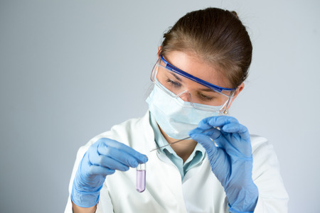 young female scientist wearing blue gloves and working with purple tubeの写真素材