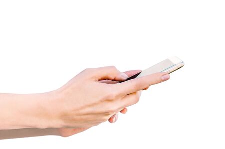 Closeup Isolate, Phone in female hands. White backgroundの写真素材