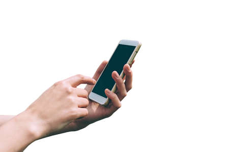 Closeup Isolate, Phone in female hands. White backgroundの写真素材