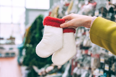 The girl in the store holds New Year's socks in her hand