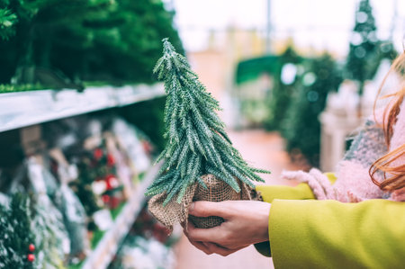The girl holds in her hands a decorative Christmas, New Year tree. against the background of a shop windowの写真素材