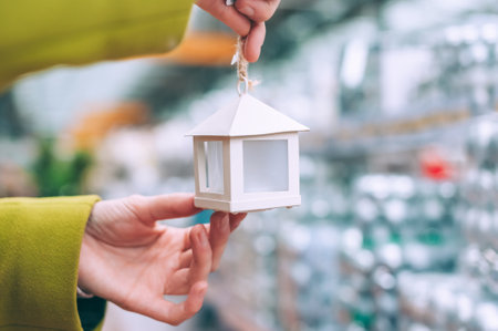 The girl holds in her hands a decorative house with decorations on the Christmas tree. Against the background of the counters of New Year's decor in the storeの写真素材