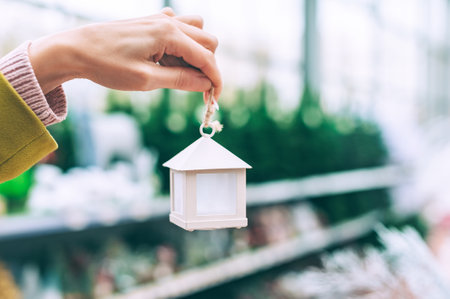 The girl holds in her hand a decorative house with decorations on the Christmas tree. Against the background of the counters of New Year's decor in the storeの写真素材