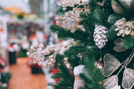 New Year's, Christmas tree with decorations. Against the background of the store