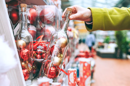 The girl reaches out to the bottle on the counter of the store with decorative balls, decorations for Christmas and New Yearの写真素材