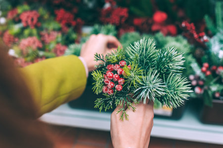 A florist girl holds a fir branch with berries for decoration for Christmas and New Year in her hands. Against the background of the store counterの写真素材