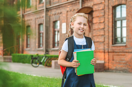 Portrait of a young girl in a school uniform with books in her hands. Against the background of an old college. Back to school conceptの写真素材