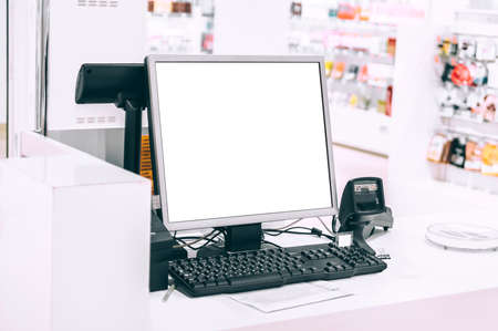 Close-up, mockup of a white checkout monitor in a supermarket. Product promotion conceptsの写真素材