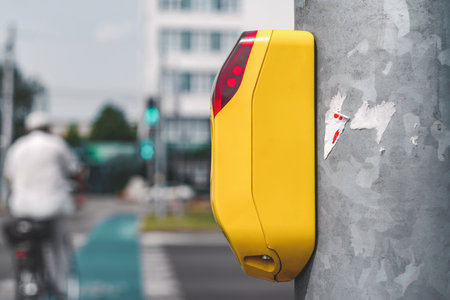 Close-up of a pedestrian crossing traffic light switch. Against the background of people and green
