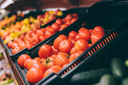 Close-up, tomatoes on the counters. Against the background of fruits in the supermarketの写真素材