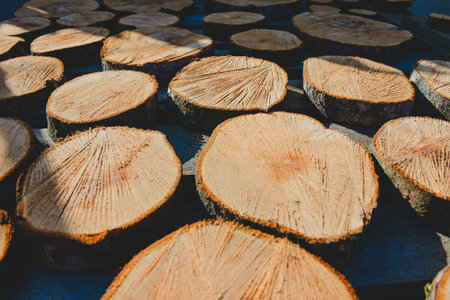 Close-up cross-section of tree rings and background textures surrounded by pine logs.の写真素材