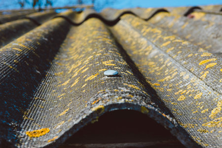 Close-up. Old roof made of asbestos-cement slate sheets. Gray background of wavy texture of weathered asbestos slate roofing surfaceの写真素材