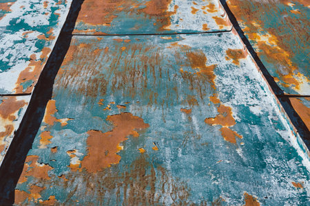 Close-up. Old metal roof. Background texture of the roofing surface of a weathered roof with peeling paint.の写真素材