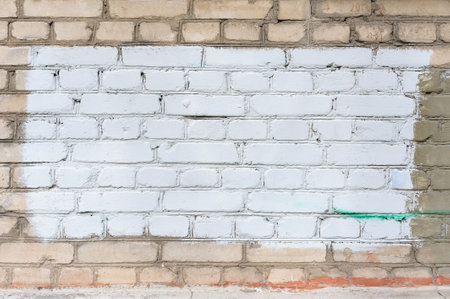 Painted rectangle patch on the wall. Painted rectangular censored graffiti on the wall, blank banner. Backgrounds and texture with empty surface for image or text, copy space.の写真素材