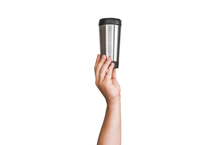 Isolate silver thermos for coffee, tea drink in a man's hand. On a white backgroundの写真素材