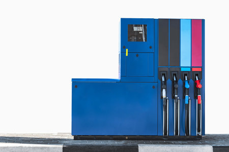 Isolate the blue gas station using fuel guns. Isolated background whiteの写真素材