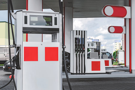 Refueling for the car. Column with fuel pistolsの写真素材