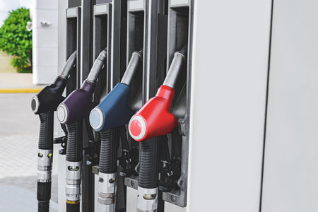 Gas station close-up with filling pistolsの写真素材