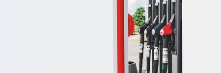 Close-up Long banner. Refueling for the car. Column with fuel pistolsの写真素材