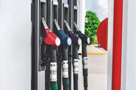 Gas station close-up with filling pistolsの写真素材