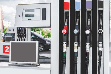 Gas station close-up with filling pistolsの写真素材