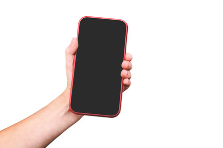 Close-up of a phone mockup in a hand on a white isolated backgroundの写真素材