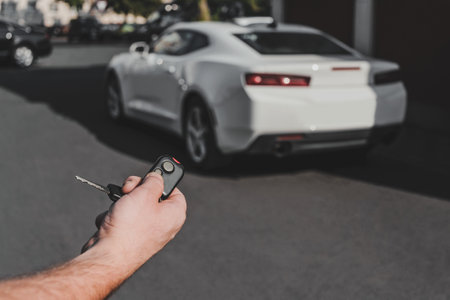 The man opens the car with a keychain, in the background is a white carの写真素材