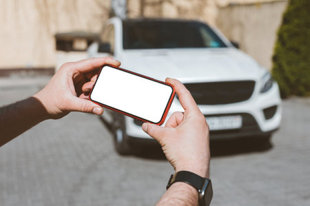 Phone mockup in human hands. On the background of the carの写真素材
