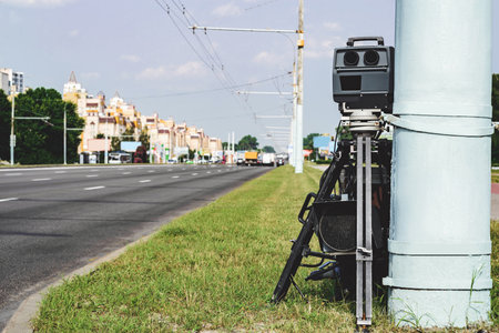 A speed camera stands near a pole on the background of the roadの写真素材