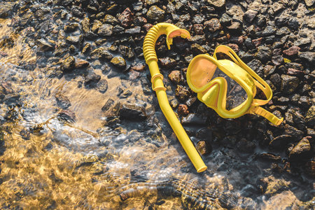 The mask and snorkel lie on a rocky sandy shore near clear waterの写真素材