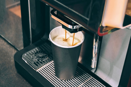 A close-up captures a coffee machine dispensing a stream of espresso into a tall black paper cup with a white interior, resting on the machine's metal drip grid. The focus is on the brewing process.の写真素材
