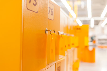 Close-up of a row of bright yellow lockers, each with a key inserted in the lock, in a brightly lit room, possibly a school, gym, or workplace. The focus is on the numbered lockers and their keys.の写真素材