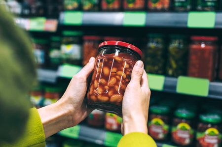 First-person perspective of a person's hands holding and examining a clear glass jar of baked beans in tomato sauce in a supermarket aisle with blurred shelves of canned goods. The focus is on selecting the beans.の写真素材