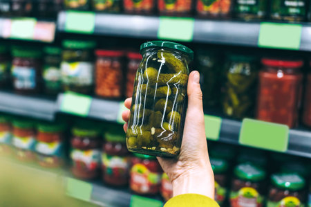 First-person view of a hand holding a clear glass jar filled with pickled cucumbers in a supermarket aisle with blurred shelves stocked with various preserved foods. The focus is on selecting the pickles.の写真素材