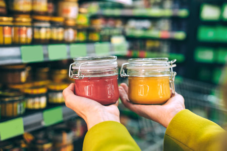 First-person view of two hands holding clear glass jars with clamp lids, one containing a red substance and the other a yellow substance, in a supermarket aisle with blurred shelves stocked with various jars. The focus is on comparing the two products.の写真素材