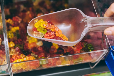 Holding a clear plastic scoop filled with colorful gummy bears over a clear container overflowing with more gummy bears in a candy store. The focus is on selecting and scooping the bulk candy.の写真素材