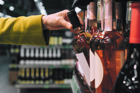 Hand reaching to pick up a light-colored rose wine bottle with a blank white label from a shelf in a store, with other wine bottles blurred in the background. The focus is on the act of selecting a bottle.の写真素材