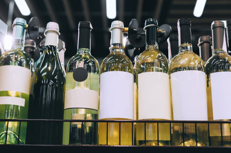 Row of various white wine bottles with blank white and light-colored labels and different colored capsules displayed on a metal shelf under bright fluorescent lighting in a store. The bottles are lined up and awaiting purchase.の写真素材