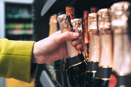 Hand reaching to take a dark bottle of sparkling wine with a gold foil-wrapped neck and a blank black label from a shelf in a store, with other similar bottles visible in the background. The focus is on selecting a celebratory drink.の写真素材