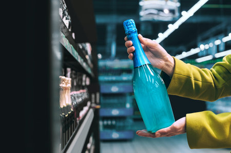 A man's hands carefully hold a bright blue bottle of sparkling wine in a store aisle with dark shelves filled with various bottles.の写真素材
