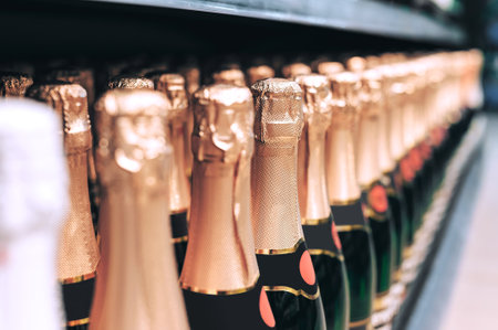 A long row of dark bottles of sparkling wine with gold foil-wrapped necks and black labels are neatly arranged on a store shelf. The focus is on the uniformity and quantity of the festive drinks.の写真素材