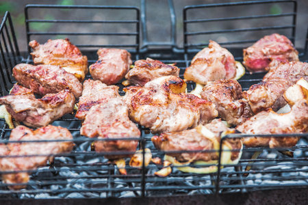 Close-up. Juicy pieces of kebab meat are grilled outdoorsの写真素材