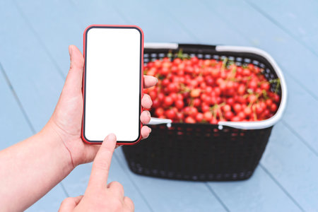 Finger in front of a smartphone mockup in a woman's hand. Background of a basket with red cherries