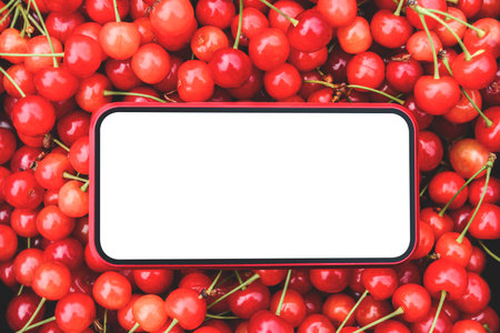 Close-up mockup of a smartphone on a background of ripe red cherriesの写真素材