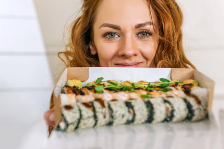 Close-up. A cheerful woman holds a set of delicious sushi with a happy face. On a light backgroundの写真素材