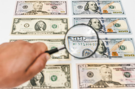 Magnifying glass in the hands of a man on the background of dollars