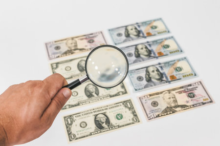 Magnifying glass on the background of dollarsの写真素材